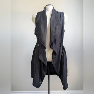 Dex Navy Black Draped Vest Waterfall Collar Drawstring Asymmetrical Layered